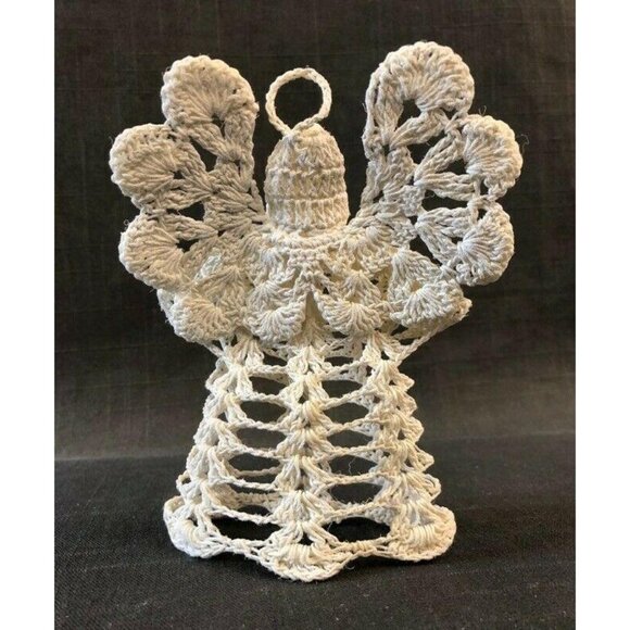 Angel Ornaments 2 Vintage Crochet Handcrafted Christmas Starched White Wings - Picture 8 of 10